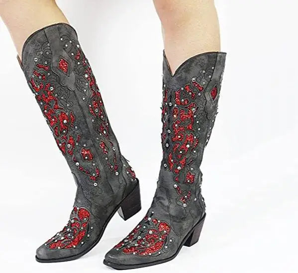 Santiag mi-haute gris Simili Cuir Femme - Broderies florales rouges et perles scintillantes