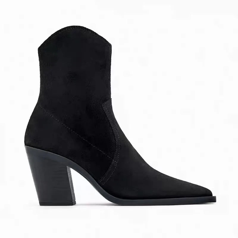 Santiag mi-haute noir Daim Femme - Talon carré élégant et bout pointu 4