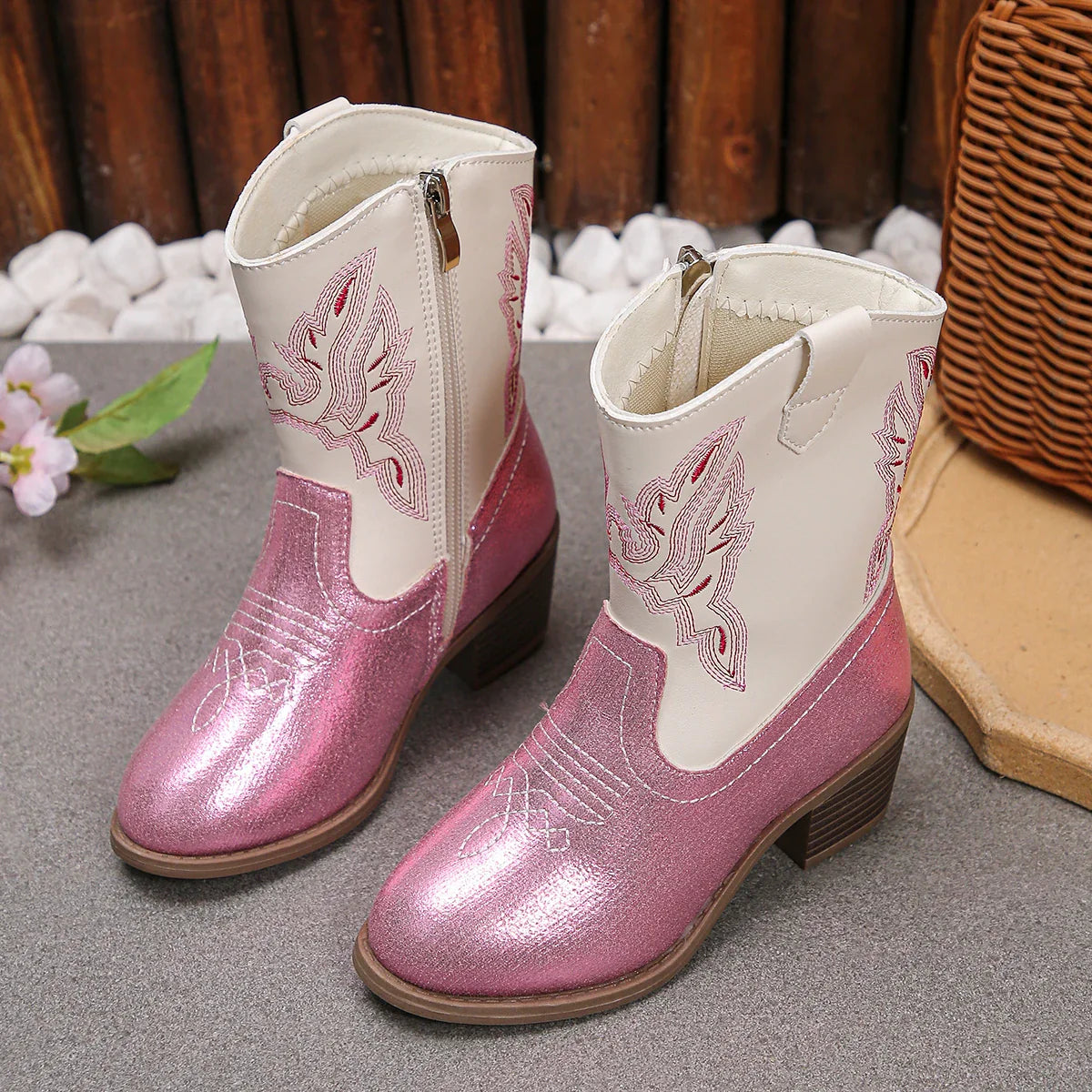 Santiag basse rose à paillettes Synthétique Fille - Rose scintillant avec broderies western 5