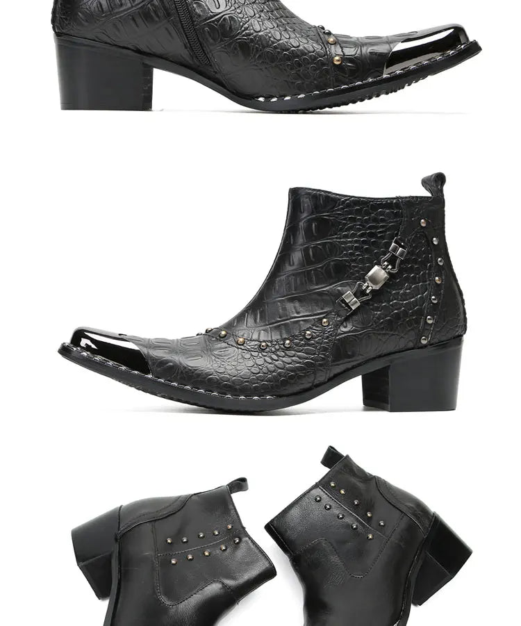 Santiag mi-haute noir Cuir Homme - Bout métallique avec clous et texture croco 5