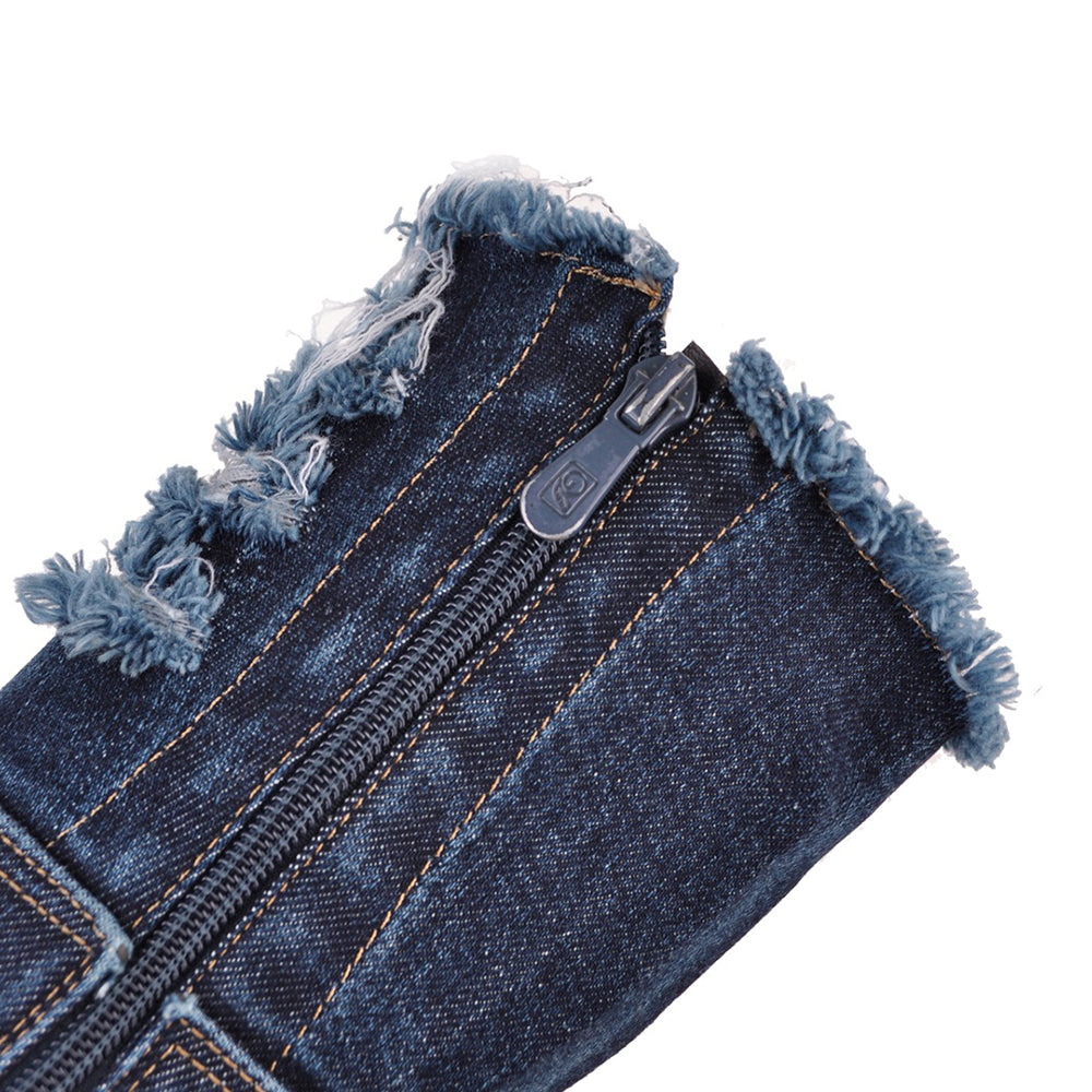 Botte haute bleu Synthétique Femme - Santiags denim avec détails effilochés 6