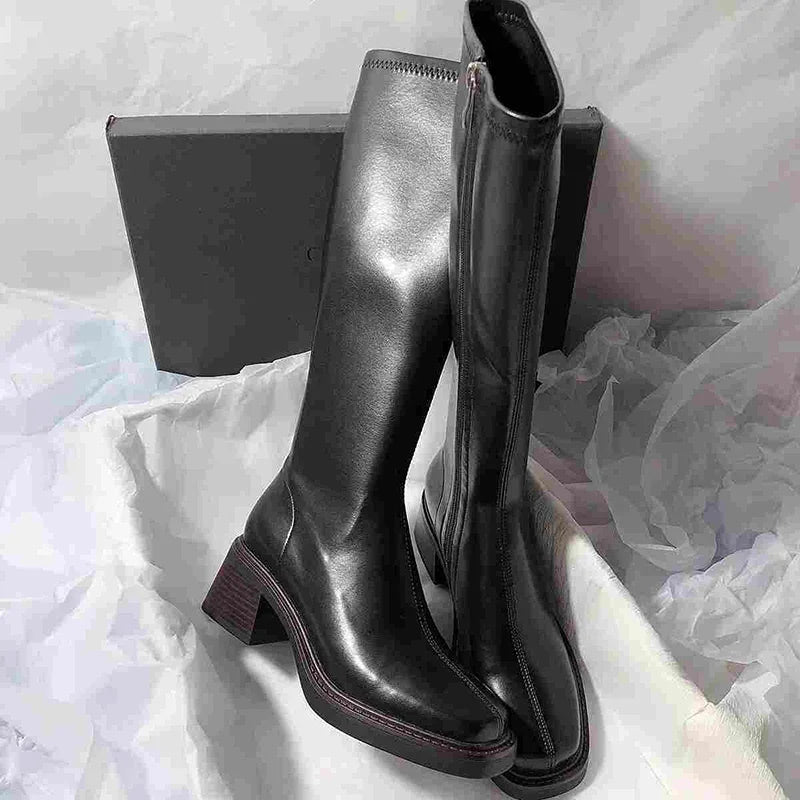 Botte haute noir Synthétique Femme - Élégance moderne avec talon carré 2