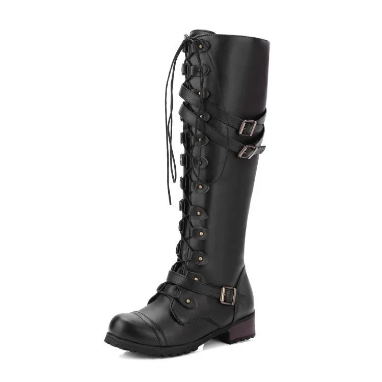 Botte haute noir Simili Cuir Femme - Santiags noires motardes aux boucles métalliques