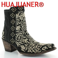 Santiag mi-haute marron Synthétique Femme - Broderies florales et clous dorés 2