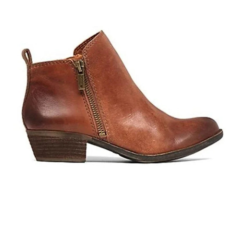 Santiag basse marron Simili Cuir Femme - Bottes à fermeture éclair dorée élégante