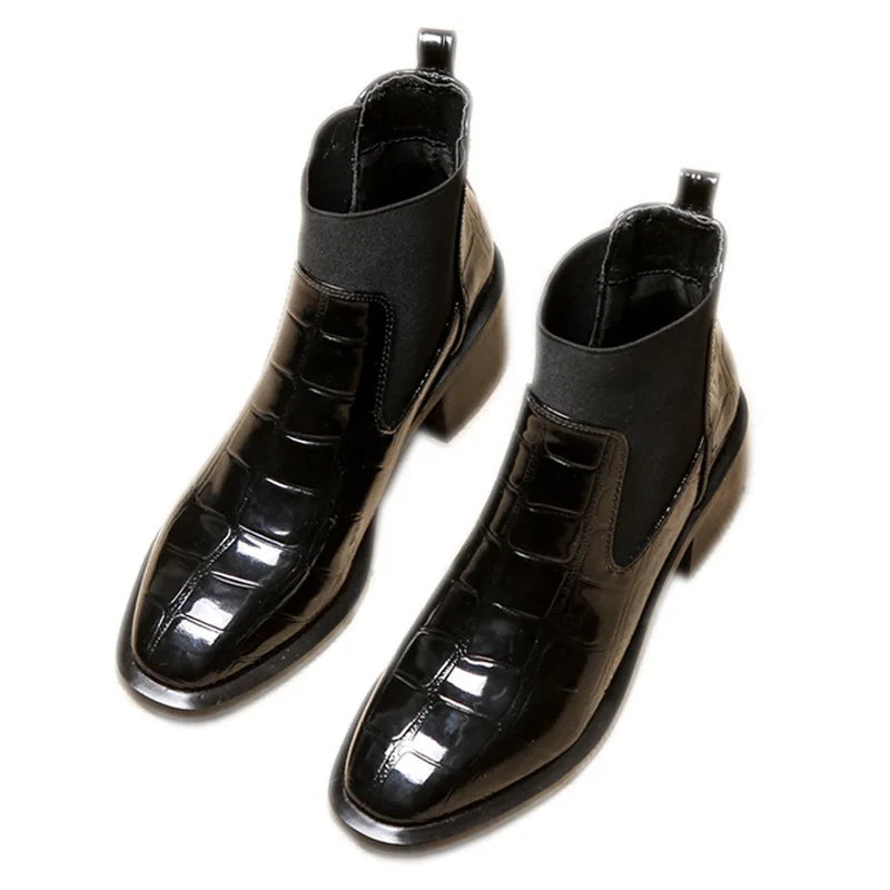 Bottine chelsea noir Synthétique Femme - Motif crocodile brillant bout carré chic 2