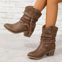 Santiag mi-haute marron Simili Cuir Femme - Design boho avec tresse et corde 3