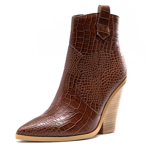 Santiag mi-haute marron Simili Cuir Femme - Texture crocodile avec sangle décorative