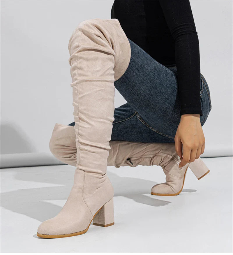 Santiag haute beige Daim Synthétique Femme - Style motard avec fermeture éclair