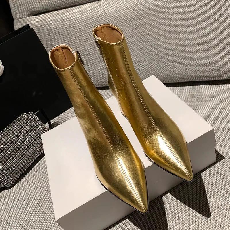 Bottine haute doré Simili Cuir Femme - Santiags dorées à bout pointu élégant 4