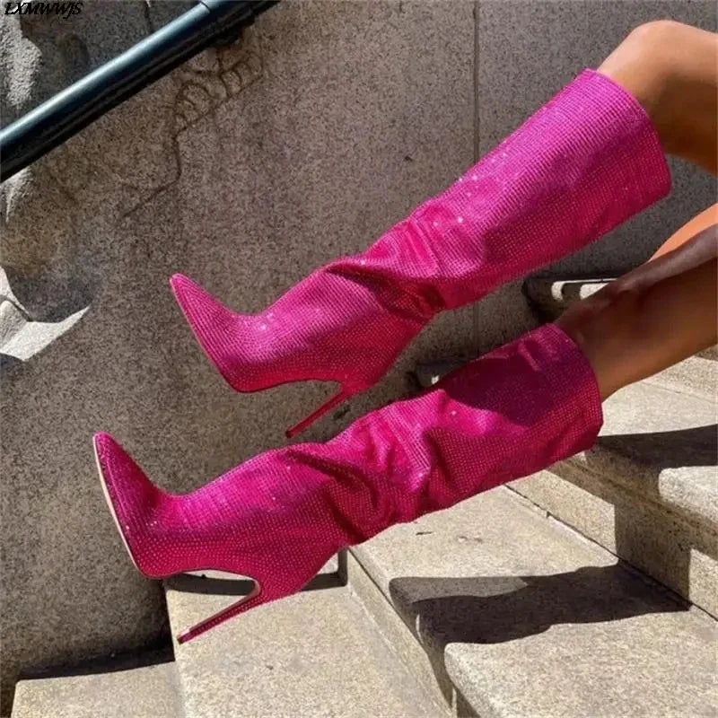 Botte haute rose à paillettes Daim Synthétique Femme - Santiags roses glamour à talons aiguilles 4