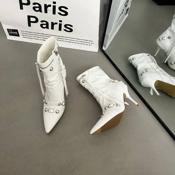 Botte haute blanc Simili Cuir Femme - Santiags blanches avec boucles métalliques élégantes