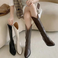 Santiag mi-haute marron Simili Cuir Femme - Bout pointu avec talon carré moderne 3