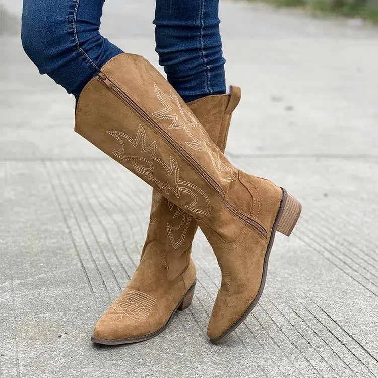 Santiag mi-haute camel Simili Cuir Femme - Broderies western et talon carré élégant 2
