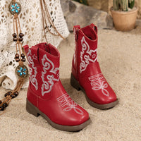 Santiag mi-haute rouge Cuir Fille - Broderies blanches et style western moderne 3
