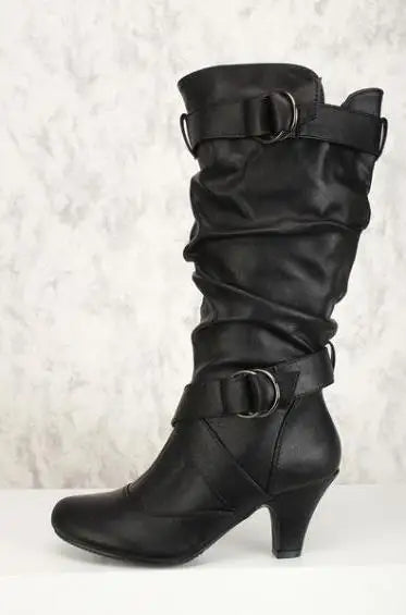 Santiag mi-haute noir Simili Cuir Femme - Boucles métalliques et tige plissée chic 2