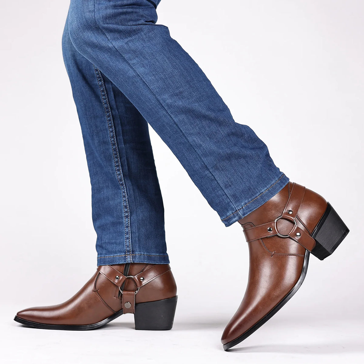 Santiag mi-haute marron Simili Cuir Homme - Bout pointu avec boucle décorative 2
