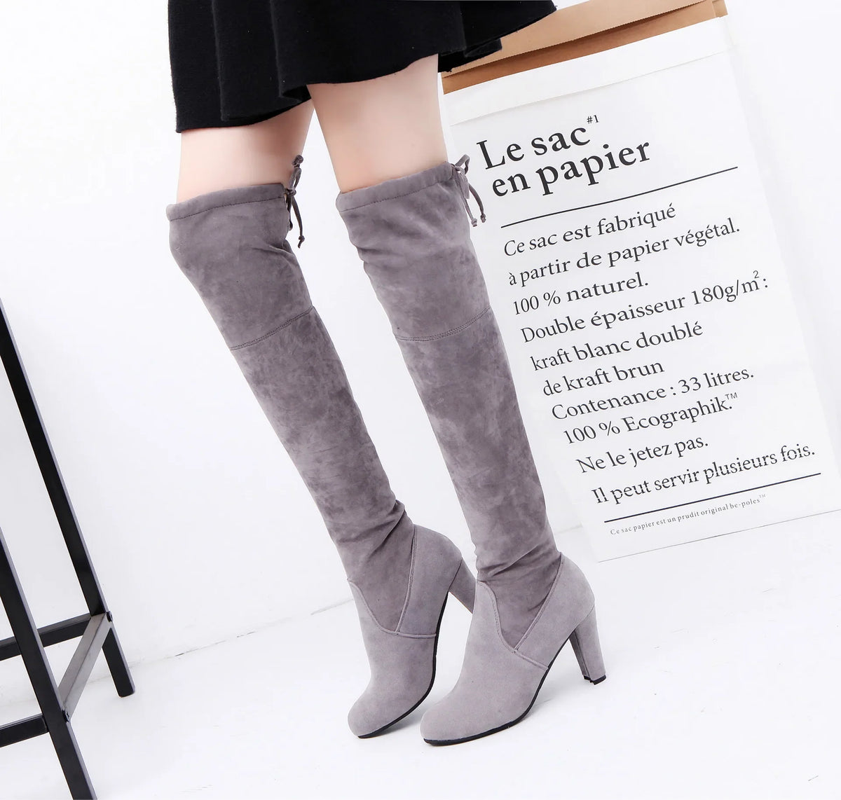 Botte haute gris Daim Synthétique Femme - Santiags grises à lacets arrière élégants 3