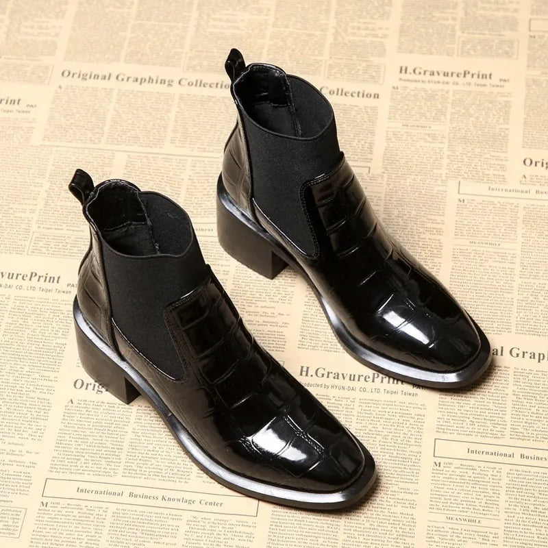 Bottine chelsea noir Synthétique Femme - Motif crocodile brillant bout carré chic 3