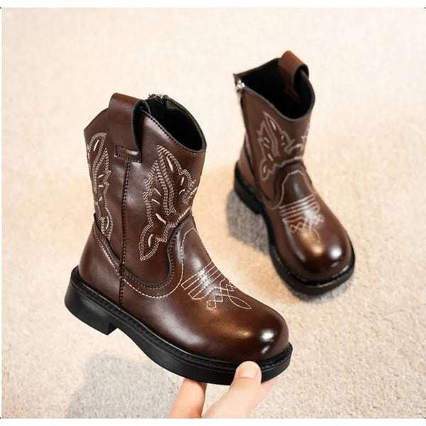 Santiag mi-haute marron Simili Cuir Fille - Broderies florales avec semelle contrastée