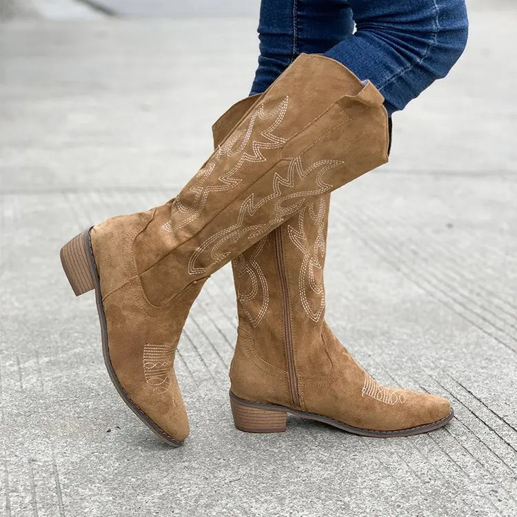 Santiag mi-haute camel Simili Cuir Femme - Broderies western et talon carré élégant 3