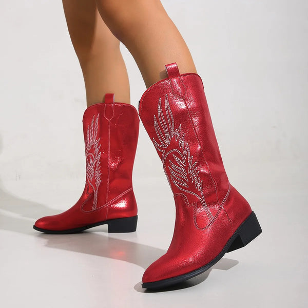 Santiag mi-haute rouge Simili Cuir Femme - Éclat moderne avec broderies western