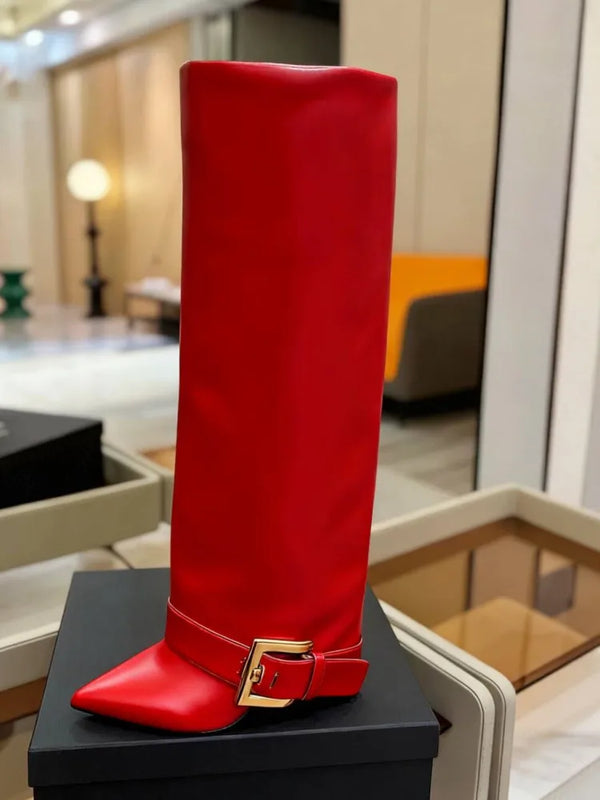 Santiag haute rouge Synthétique Femme - Bottes rouges vives à boucle dorée