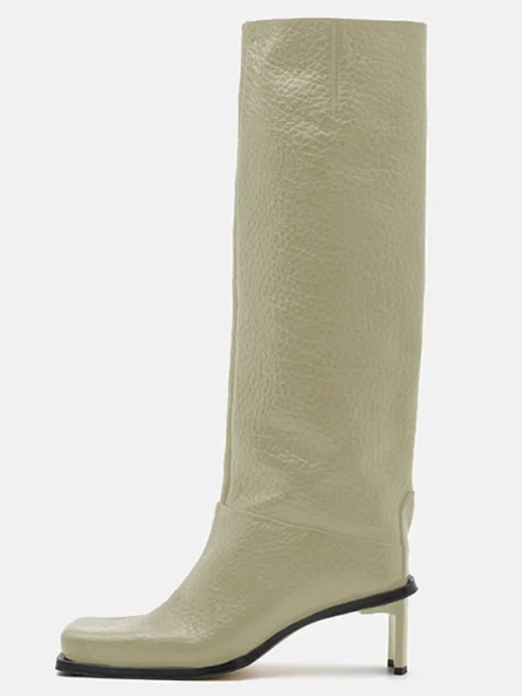 Santiag haute beige Synthétique Femme - Talon carré, cuir grainé élégant