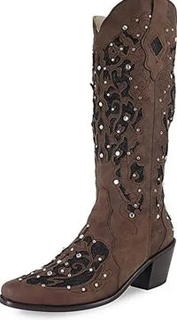 Santiag mi-haute gris Synthétique Femme - Broderies florales et pierres scintillantes 1