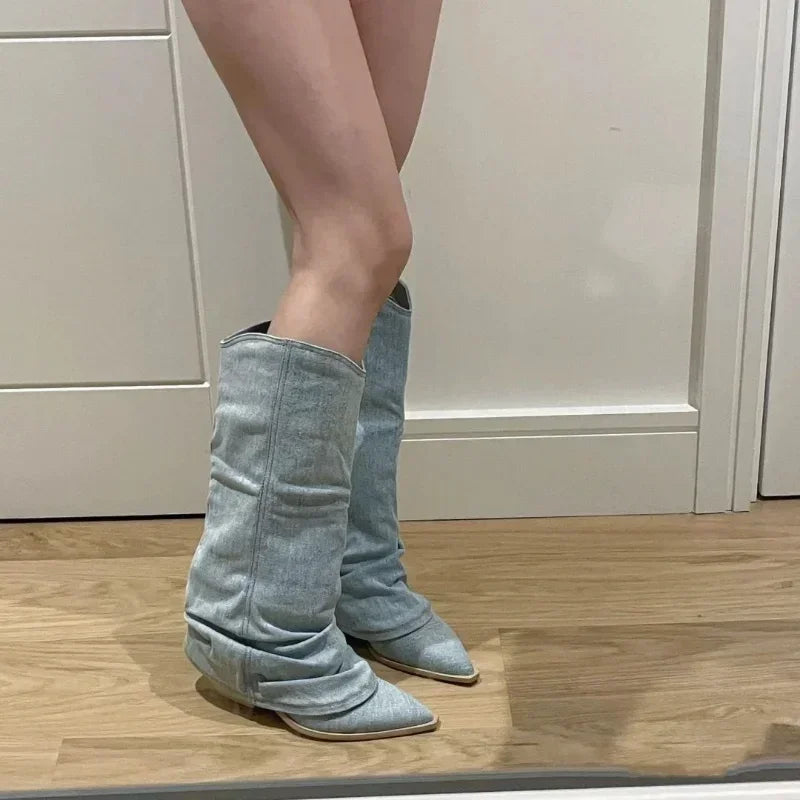 Santiag haute bleu Femme - Style décontracté avec effet plissé 4