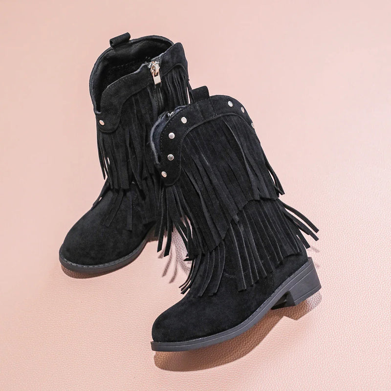 Santiag haute noir Cuir Fille - Franges dynamiques et clous argentés