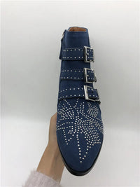 Santiag basse bleu Cuir Femme - Boucles dorées et clous géométriques 4