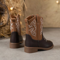 Santiag mi-haute marron foncé Simili Cuir Fille - Broderies western blanches sur fond marron 6