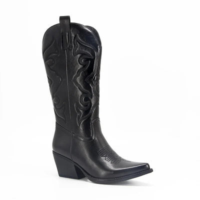 Santiag mi-haute noir Simili Cuir Femme - Style sexy avec broderies et bout pointu