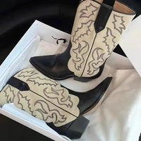 Santiag haute noir Simili Cuir Femme - Broderies western exquises et bout pointu 2