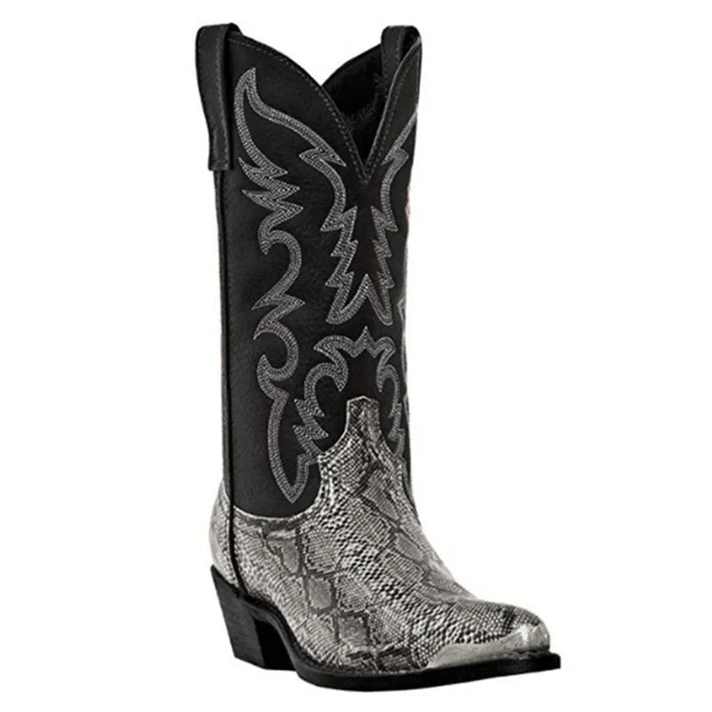 Santiag mi-haute noir Simili Cuir Homme - Broderies géométriques à motif python