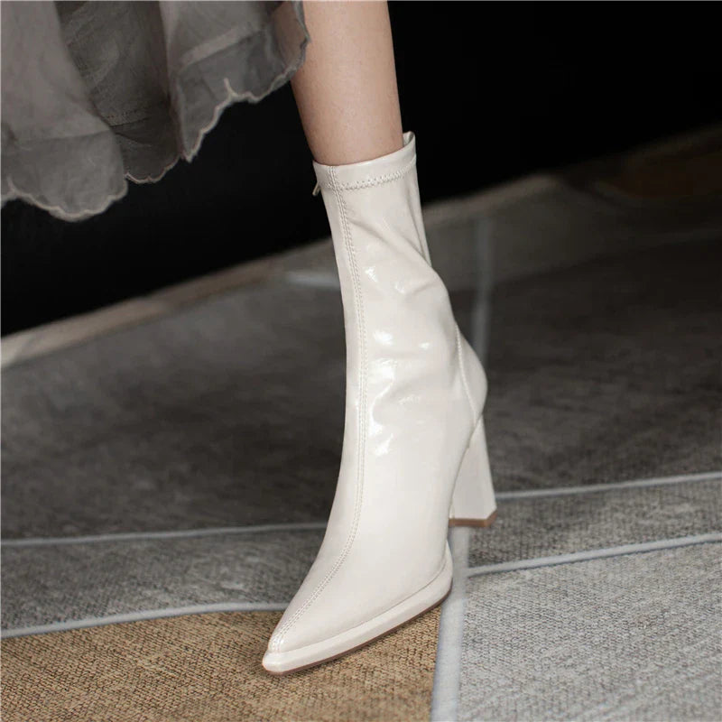 Bottine à talon blanc Simili Cuir Femme - Bottines blanches à bout pointu brillant 2