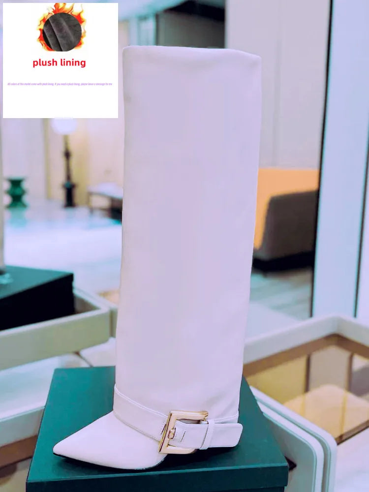 Santiag haute blanc Synthétique Femme - Bout pointu avec boucle dorée élégante