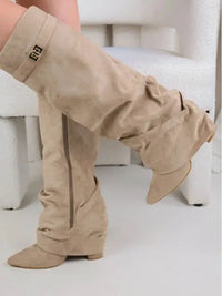 Santiag haute beige Synthétique Femme - Bout pointu et sangle métallique élégante 4