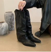 Santiag mi-haute marron foncé Simili Cuir Femme - Rivets décoratifs et bout pointu 3