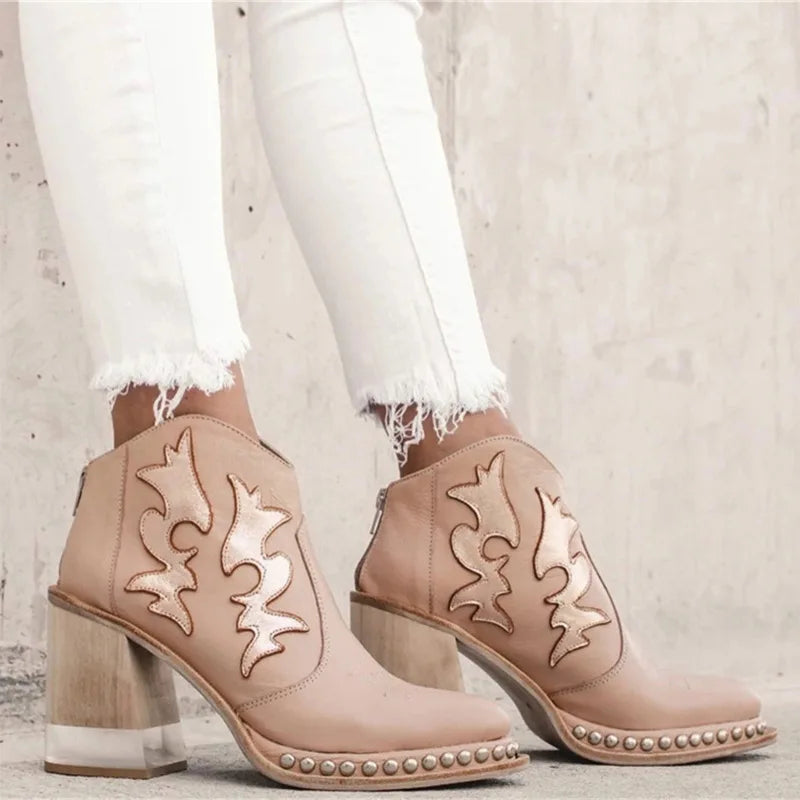 Santiag basse beige Simili Cuir Femme - Broderies florales et clous métalliques