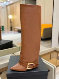 Santiag haute beige Synthétique Femme - Élégante botte à boucle dorée 3