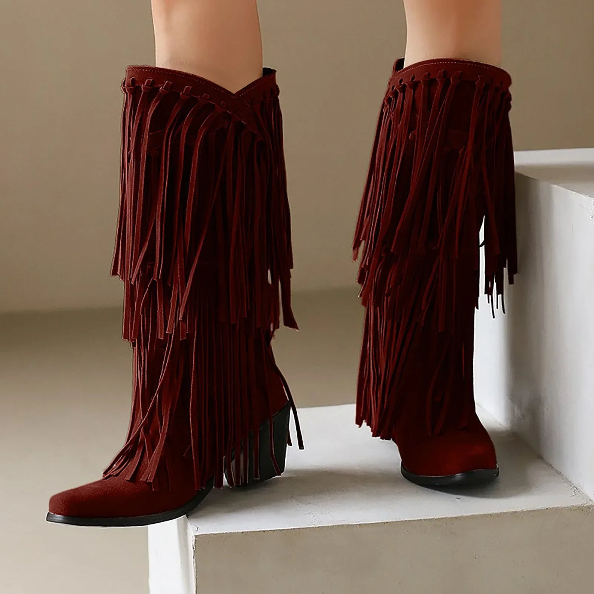Santiag mi-haute marron foncé Simili Cuir Femme - Franges longues style western dynamique 3