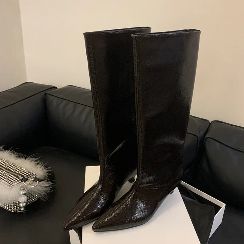 Botte haute noir Simili Cuir Femme - Santiags noires pointues brillantes modernes 3