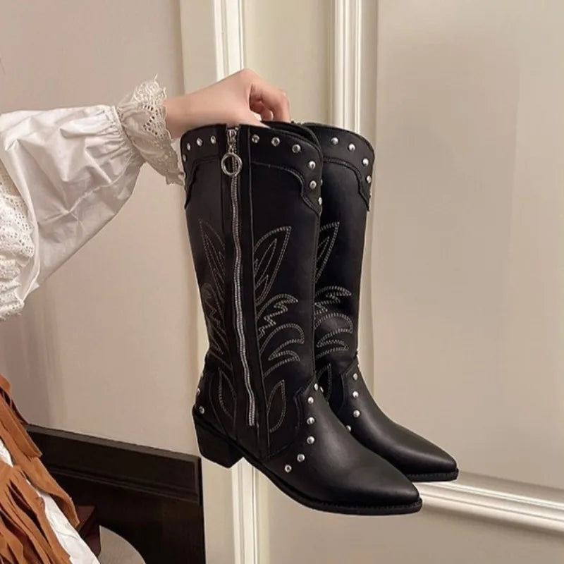 Santiag haute noir Simili Cuir Femme - Ornées de clous et broderies florales 3