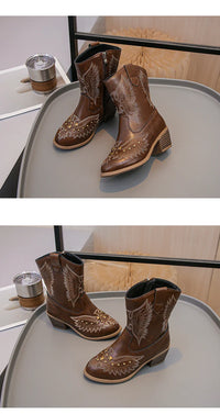 Santiag haute noir Simili Cuir Fille - Broderies ailées et clous dorés 3