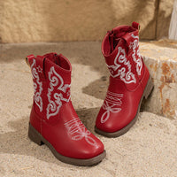 Santiag mi-haute rouge Cuir Fille - Broderies blanches et style western moderne 6