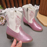 Santiag basse rose à paillettes Synthétique Fille - Rose scintillant avec broderies western 2