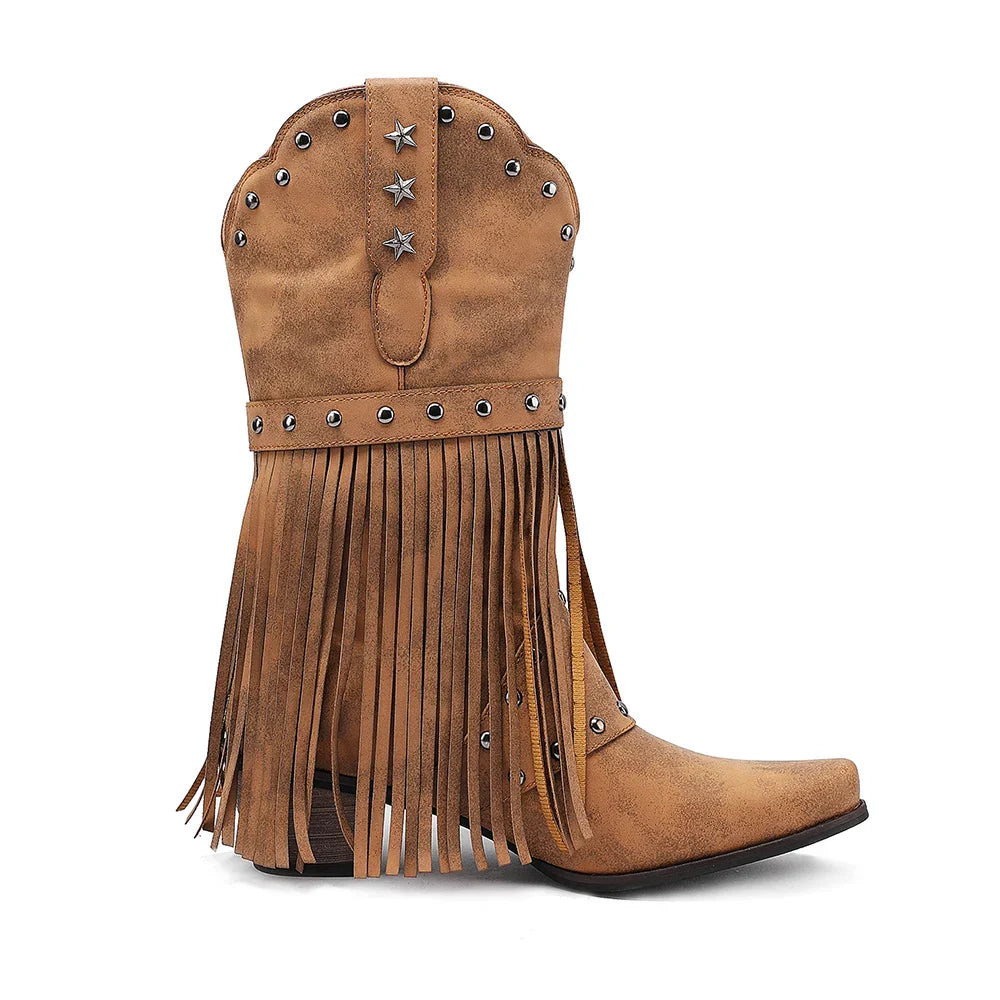 Santiag mi-haute camel Simili Cuir Femme - Franges et détails étoilés distinctifs 3