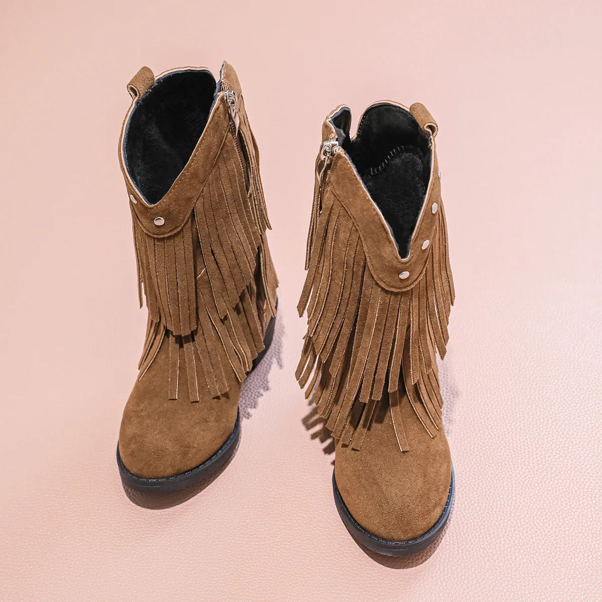 Santiag haute marron Daim Fille - Franges longues en daim décoratives 5